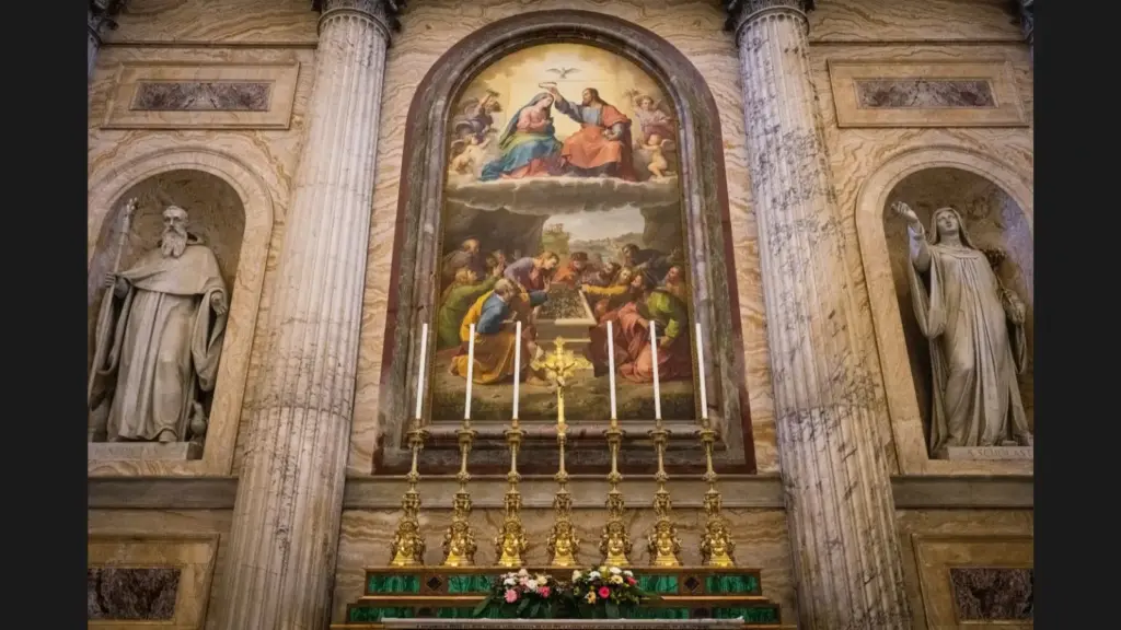 An altar with a painting of Mary's death, assumption, and coronation in the Papal Basilica of St. Paul Outside the Walls. Piazzale San Paolo, Rome