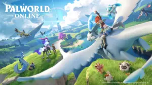 Official Palworld Online announcement image featuring a tamer riding Quivern in the sky as Cativa, Chikipi, and Lamball are watching from the lush grass with a tower off in the distance. Other pals also featured and a new one that isn't known.