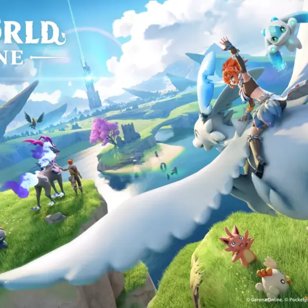 Official Palworld Online announcement image featuring a tamer riding Quivern in the sky as Cativa, Chikipi, and Lamball are watching from the lush grass with a tower off in the distance. Other pals also featured and a new one that isn't known.