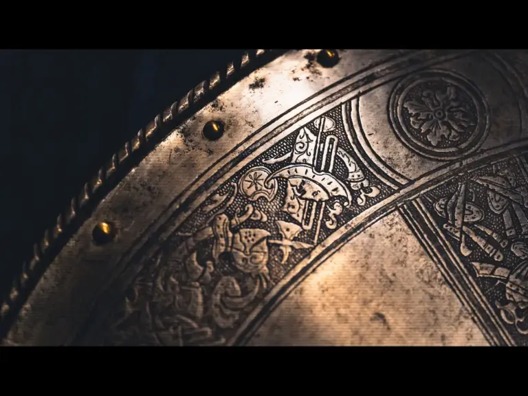In Friday's daily devotional, a brass shield symolizing God's protection is shown .against a dark background.