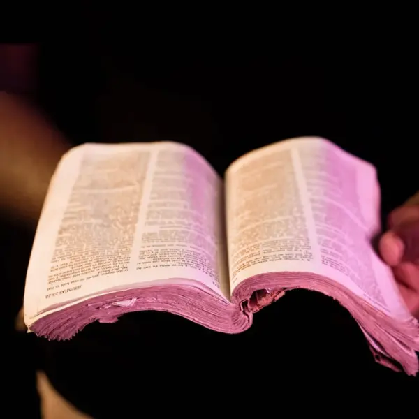 In Thursday's daily devotional, a man holds an open Bible in front of him to read Scripture.