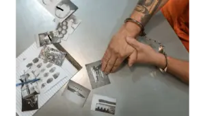 A handcuffed suspect studies the scattered evidence photos under dim lighting, realizing each image carries the quiet, unsettling shadow of serial killers.