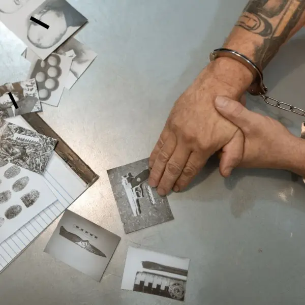 A handcuffed suspect studies the scattered evidence photos under dim lighting, realizing each image carries the quiet, unsettling shadow of serial killers.