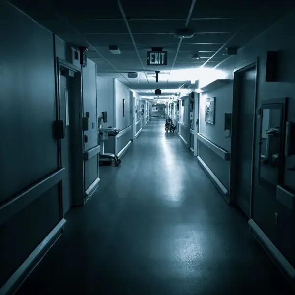 Dimly lit hospital corridor with an Exit sign, featuring a wheelchair in the distance and a haunted call light glowing faintly above a doorway.