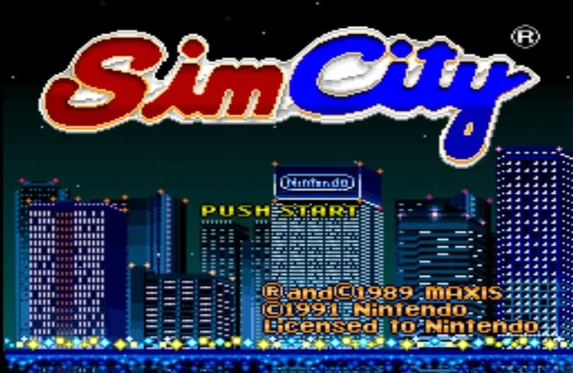 The title screen of the SNES game SimCity.