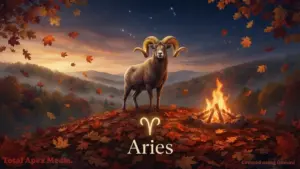 A majestic ram stands on a hill surrounded by autumn leaves and a campfire, with the constellation of Aries in the night sky above.