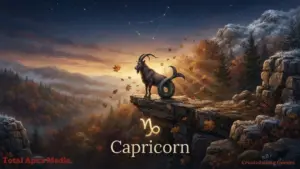 A majestic Capricorn goat standing on a rocky cliff during sunset, surrounded by autumn leaves and a starry sky, with the Capricorn constellation visible. The word "Capricorn" is elegantly displayed below the goat.