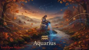 A serene scene depicting the zodiac sign Aquarius, featuring a figure pouring water by a tranquil stream surrounded by autumn leaves and a sunset backdrop.