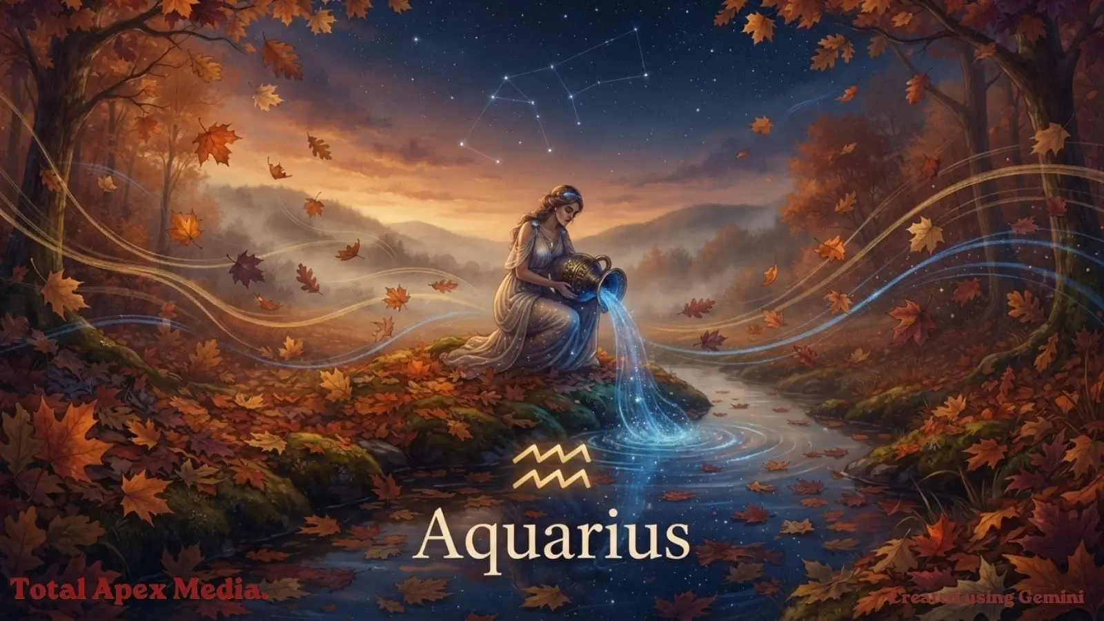 A serene scene depicting the zodiac sign Aquarius, featuring a figure pouring water by a tranquil stream surrounded by autumn leaves and a sunset backdrop.