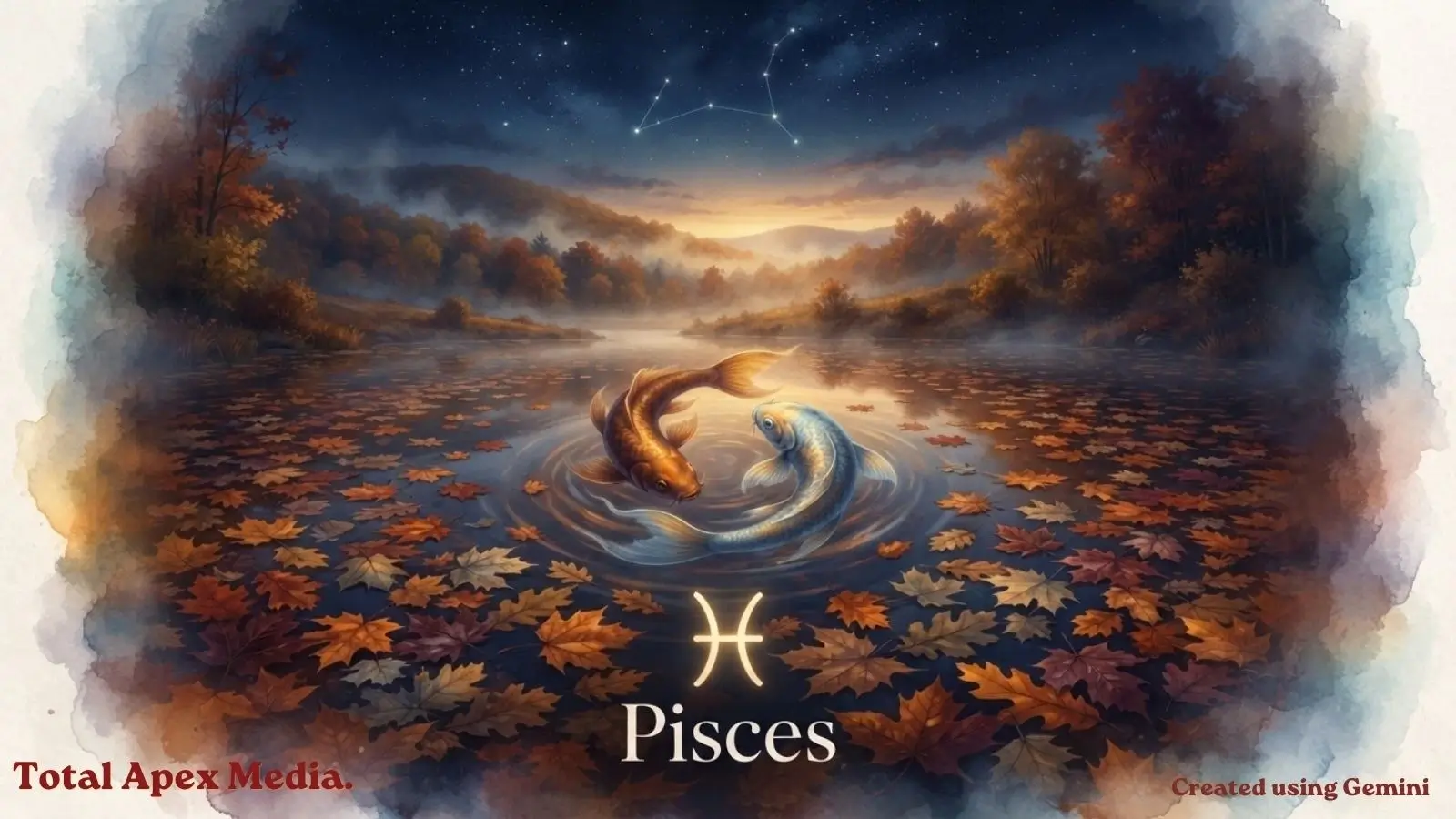 A serene landscape depicting two koi fish swimming in a tranquil pond surrounded by autumn leaves, with a starry sky overhead featuring the Pisces constellation. The text "Pisces" is prominently displayed in the center.