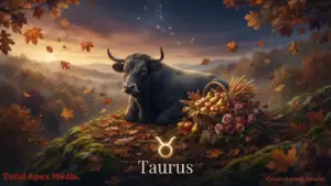 A bull resting amidst autumn leaves with a basket of fruits and flowers, featuring the Taurus zodiac symbol and the text "Taurus."