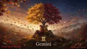 A tranquil autumn scene featuring a tree with golden and red leaves, where two individuals sit back to back on a hill, reading and surrounded by swirling papers. The night sky above displays stars and a constellation, while the foreground has fallen leaves. Text at the bottom reads "II Gemini."