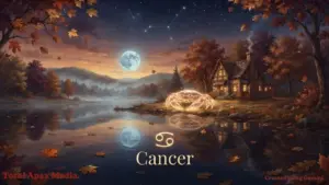 A serene landscape depicting a moonlit lake near a cozy cottage surrounded by autumn trees, with a glowing crab symbol for the zodiac sign Cancer at the center.