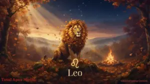 A majestic lion with a mane of leaves sits in a serene landscape filled with autumn foliage, with a campfire and stars in the background, and the zodiac symbol for Leo displayed below the lion.