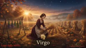 A woman in period clothing gathers wheat in a harvest field under a sunset, with constellations in the sky. The word "Virgo" is prominently displayed.