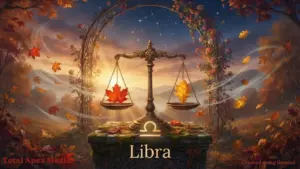 A beautifully illustrated scene depicting a Libra symbol with a balanced scale holding red and yellow leaves, surrounded by autumn foliage and a serene landscape.