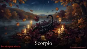 A scorpion surrounded by autumn leaves and candles, with a starry sky in the background, featuring the zodiac sign Scorpio.