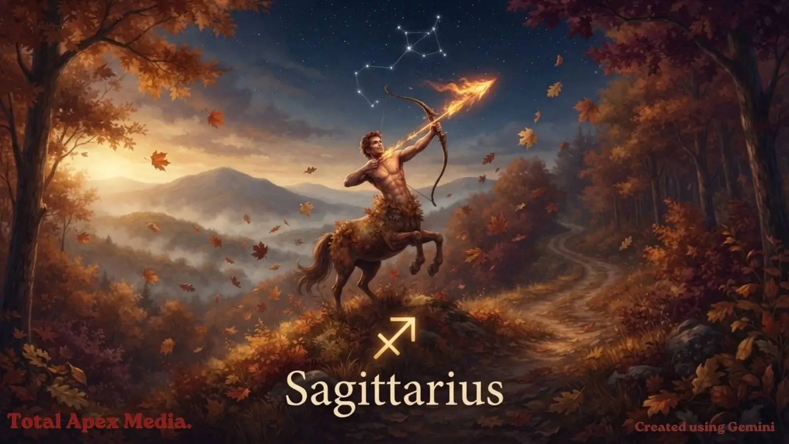A centaur drawing a bow in a forest setting, with the Sagittarius constellation in the sky above and the word "Sagittarius" below.