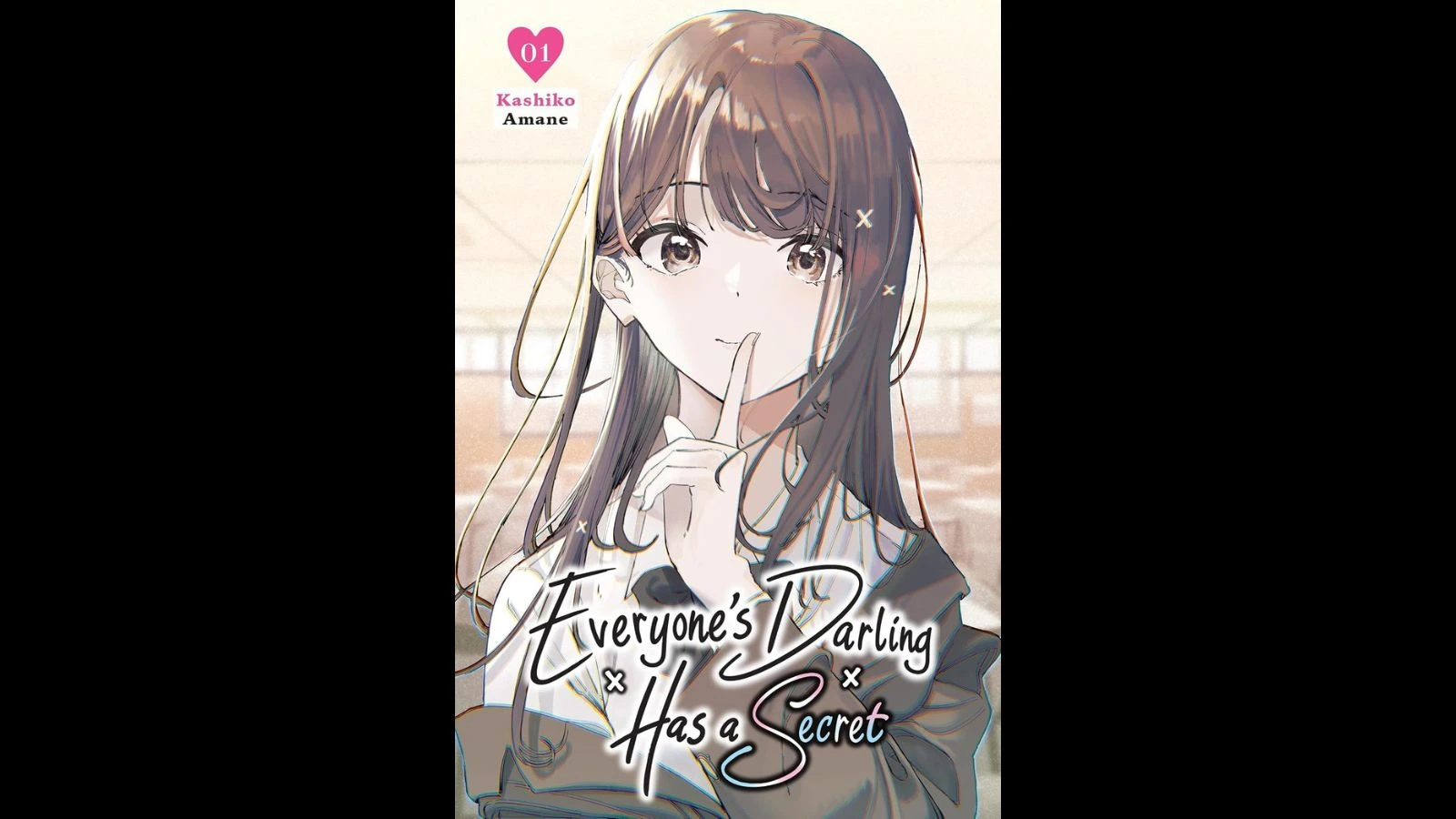 A girl with long hair is holding a finger to her lips, implying silence. The title reads "Everyone's Darling Has a Secret." Everyone's Darling Has a Secret anime