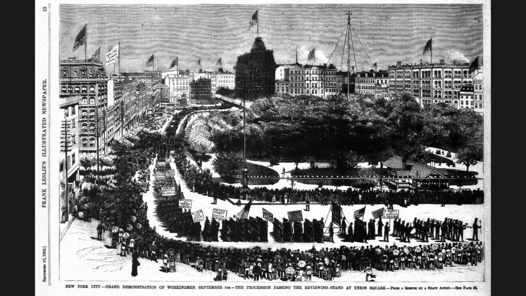 Illustration of the first American Labor parade held in New York City on September 5, 1882 as it appeared in the September 16, 1882 issue of Frank Leslie's Illustrated Newspaper.