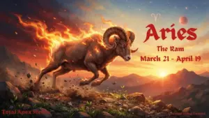 A fiery ram representing Aries, with the text "Aries The Ram March 21 - April 19" and "Total Apex Media" in the corner.