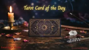 Tarot Card of the Day, featuring a card with celestial designs on a wooden surface, surrounded by a candle, a crystal, and dried petals. six of cups