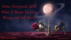 Glowing Venus with a backward motion trail above a balanced scale holding a rose, heart locket, gold coins and a mirror, representing Venus retrograde 2026 and love, money and self-worth.
