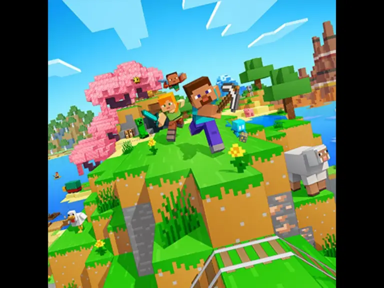 characters in Minecraft running through a hilltop on a field