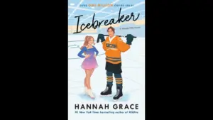 Cover of the book "Icebreaker" by Hannah Grace, featuring a male hockey player in a team jersey and a female figure skater in a pink dress, both on an ice rink.