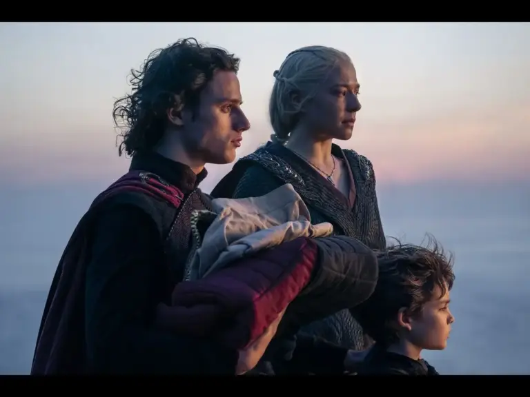 Santiago André, Harry Collett, and Emma D'Arcy in House of the Dragon (2022) standing against a sunset backdrop, with one man holding a bundle of clothing, a woman beside him, and a young boy looking forward.