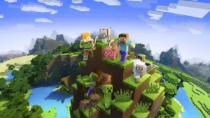 A colorful Minecraft scene featuring characters and animals on a hill, with a bright sky and landscape in the background.