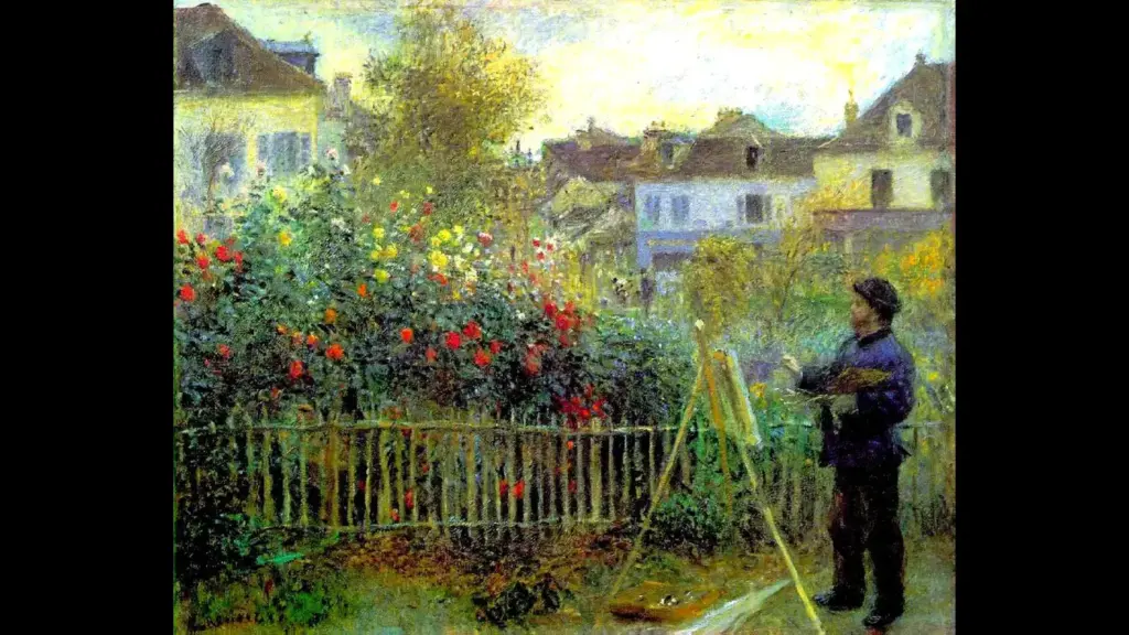Pierre-Auguste Renoir Painting: Monet Painting in His Garden at Argenteuil: A painter standing in a garden filled with colorful roses, with houses in the background and an easel in front of him.