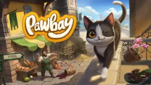 Pawbay game cover featuring a large cat with a wink and a man at a market surrounded by fruits and vegetables in a sunny setting.