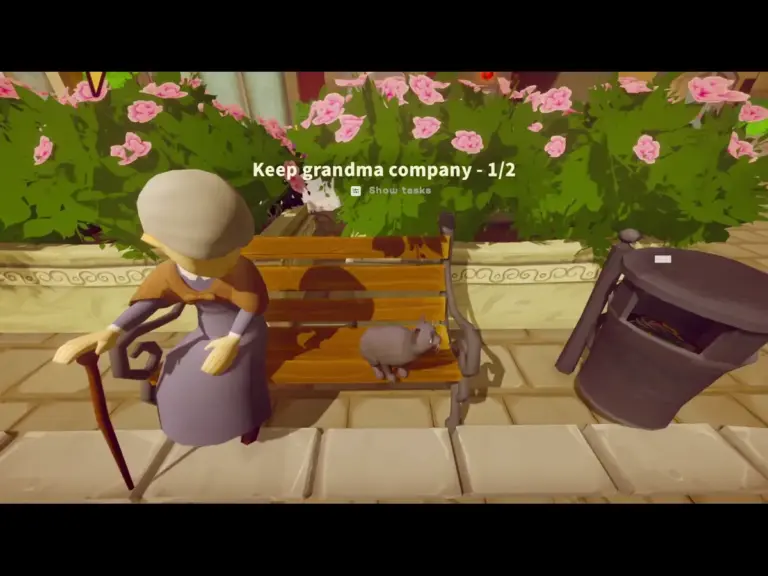 Pawbay game screenshot. Showing the cat sitting on a park bench next to an elderly lady.