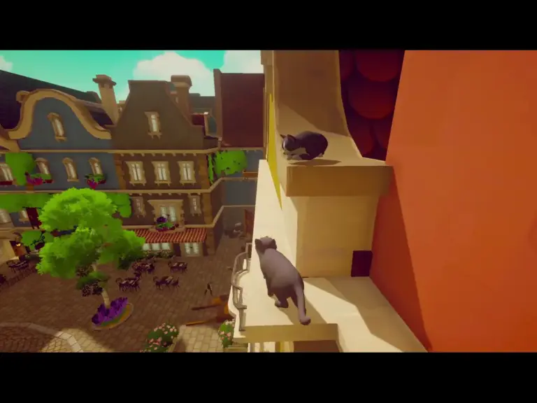 Pawbay game screenshot. The cat walking along a high ledge above the cobblestone street below with another cat on a ledge just above it.