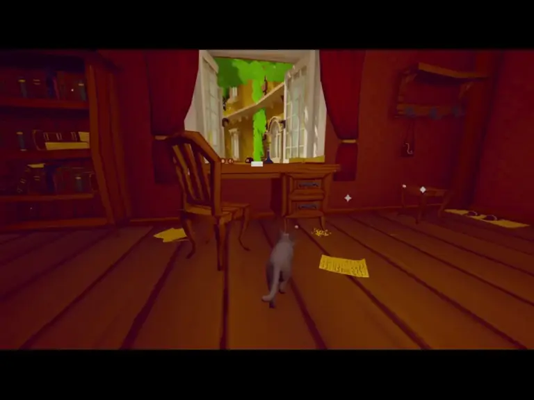 Pawbay game screenshot. A cat walking in a room with a desk and a window overlooking greenery. Papers are scattered on the floor.