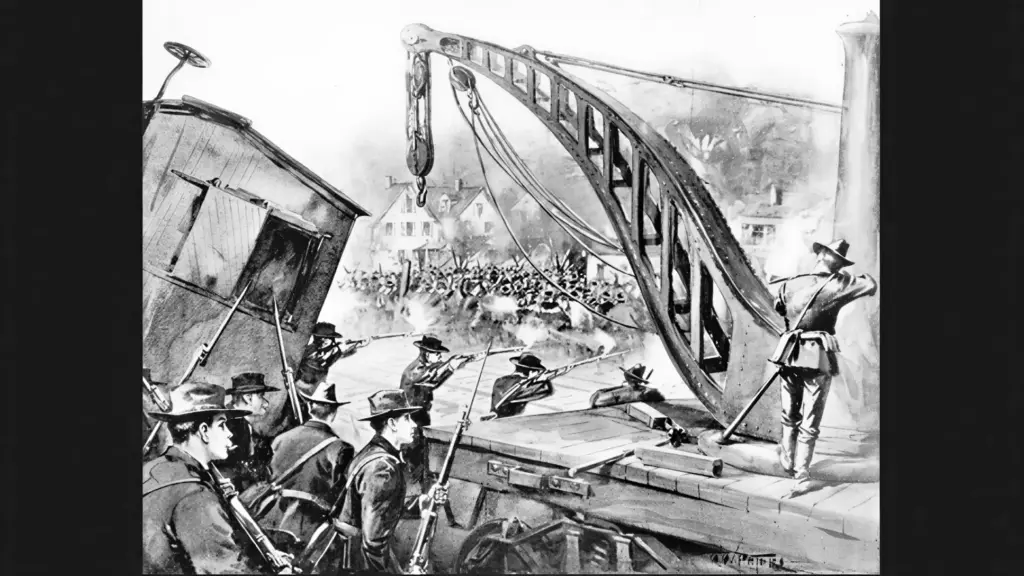 Pullman Strike in 1894. Chicago South Side. Original caption: "National guardsmen firing at the mob at Loomis and 49th Street, July 7th. Drawn by G. W. Peters from a sketch by G. A. Coffin"