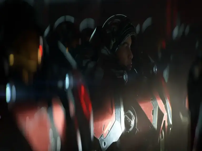 The Terran Marines lined up in the Barracks in the Starcraft Trailer