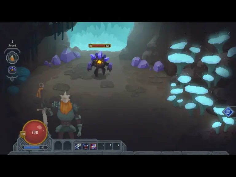 A Screenshot of Lootbound, depicting combat, in the lower left is the player character, a Warrior carrying a notched Broadsword that is longer than the warrior is tall, sporting an orange mane, studded shoulder pads, and a white helmet with five points coming off the top and sides, and scross from him is a rock monster with purple crystals protruding from its back.