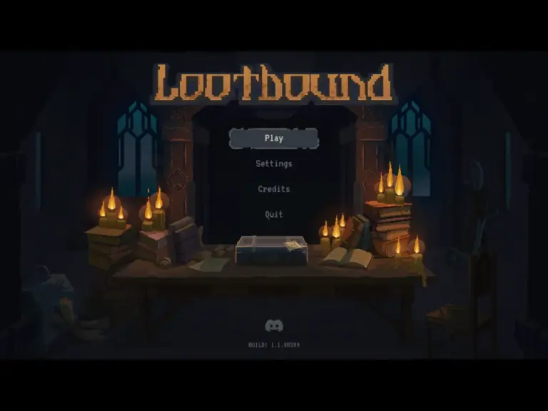 A Screenshot of the main menu of Lootbound, depicting the games name in a stylized font, a table in an abandoned room in a castle, the table is covered in stacks of books, with candles on and around the books, and a board game box on the center of the table.