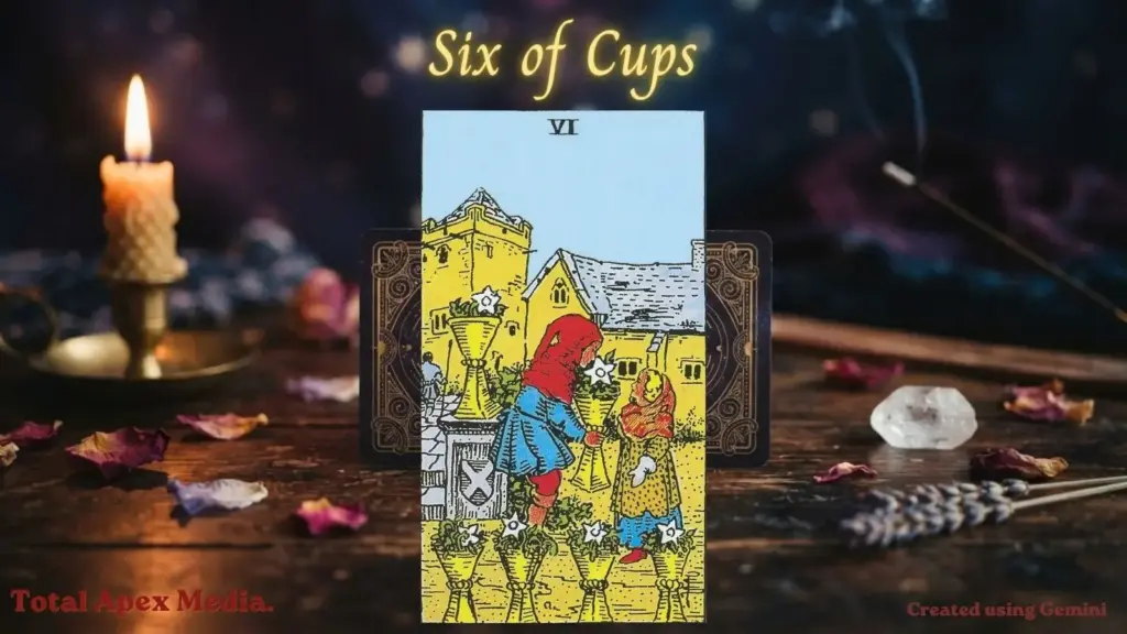 Six of Cups tarot card with a whimsical design featuring children and a vibrant background, surrounded by candles and crystals.