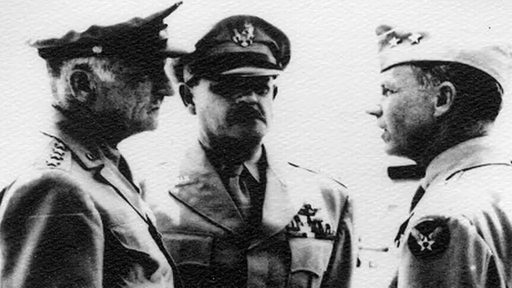 For the "The Bomber Mafia," from left, General Carl A. Spaatz, Commanding General, Army Air Forces; Major General Muir S. Fairchild, AU commander; and Major General Donald M. Wilson, Commanding General, Air Proving Ground Command, talk following the AU dedication ceremony at Maxwell Field on 3 September 1946.