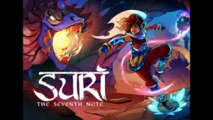 A colorful and dynamic illustration featuring a character named Suri, who is in an action pose, jumping or running. She has long hair and wears a blue and red outfit. In the background, there is a large dragon-like creature. The text "SURI THE SEVENTH NOTE" is displayed prominently.