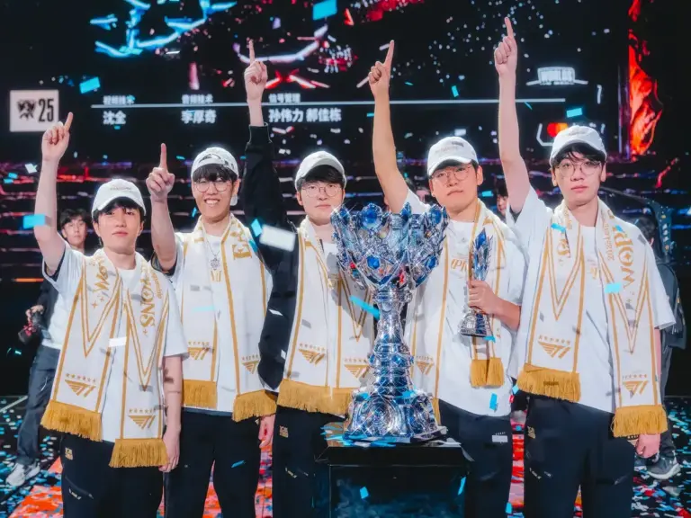 T1 celebrating winning Worlds in 2025