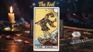 The Fool tarot card featuring a figure standing on a cliff, holding a flower and a small dog at their feet, with the sun shining above.