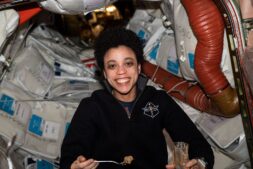 NASA astronaut Jessica Watkins eats a meal aboard the International Space Station, where researchers studied astronaut constipation
