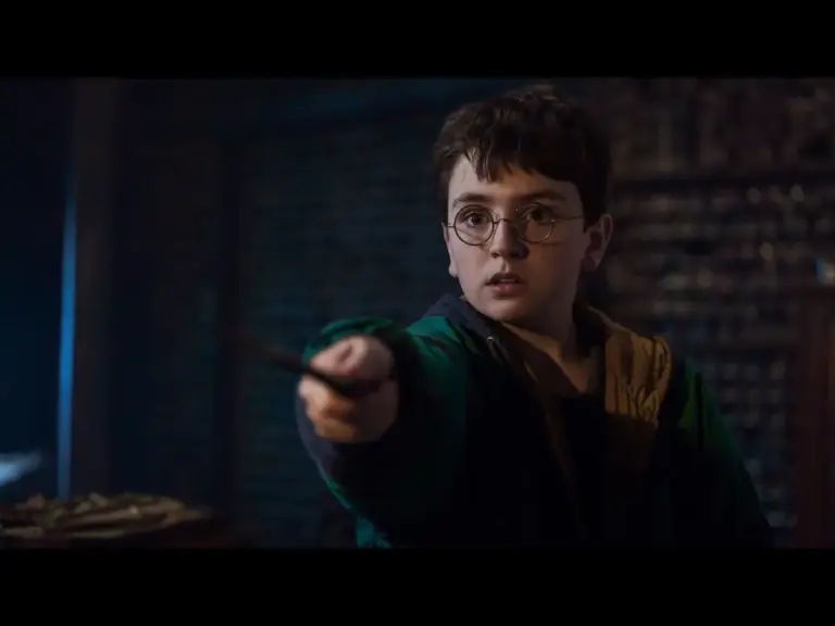 Harry Potter and the Philosopher's Stone: Dominic McLaughlin as Harry Potter with glasses holding a wand, looking intently into the distance.
