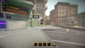 Video game screenshot within MIMESIS Logistics Center, a quiet urban street with brick buildings, overhead wires, construction barriers, and mission signs reading “Pull the lever.”