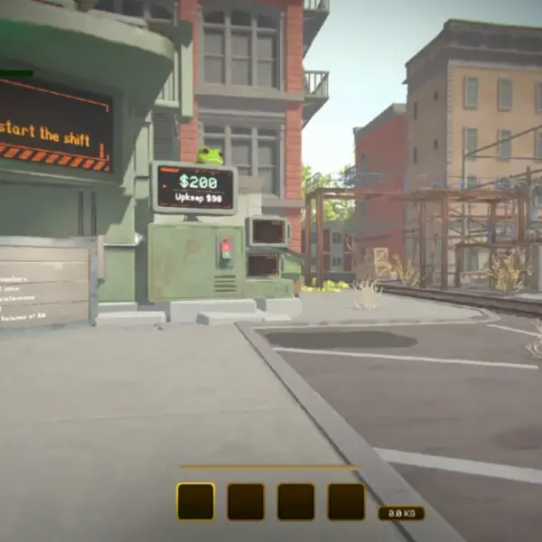 Video game screenshot within MIMESIS Logistics Center, a quiet urban street with brick buildings, overhead wires, construction barriers, and mission signs reading “Pull the lever.”