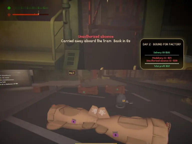 in game screenshot from MIMESIS Logistics Center, a dim factory corridor, showing a tan armored body on the floor, HUD warnings, and a red “Unauthorized absence” alert.